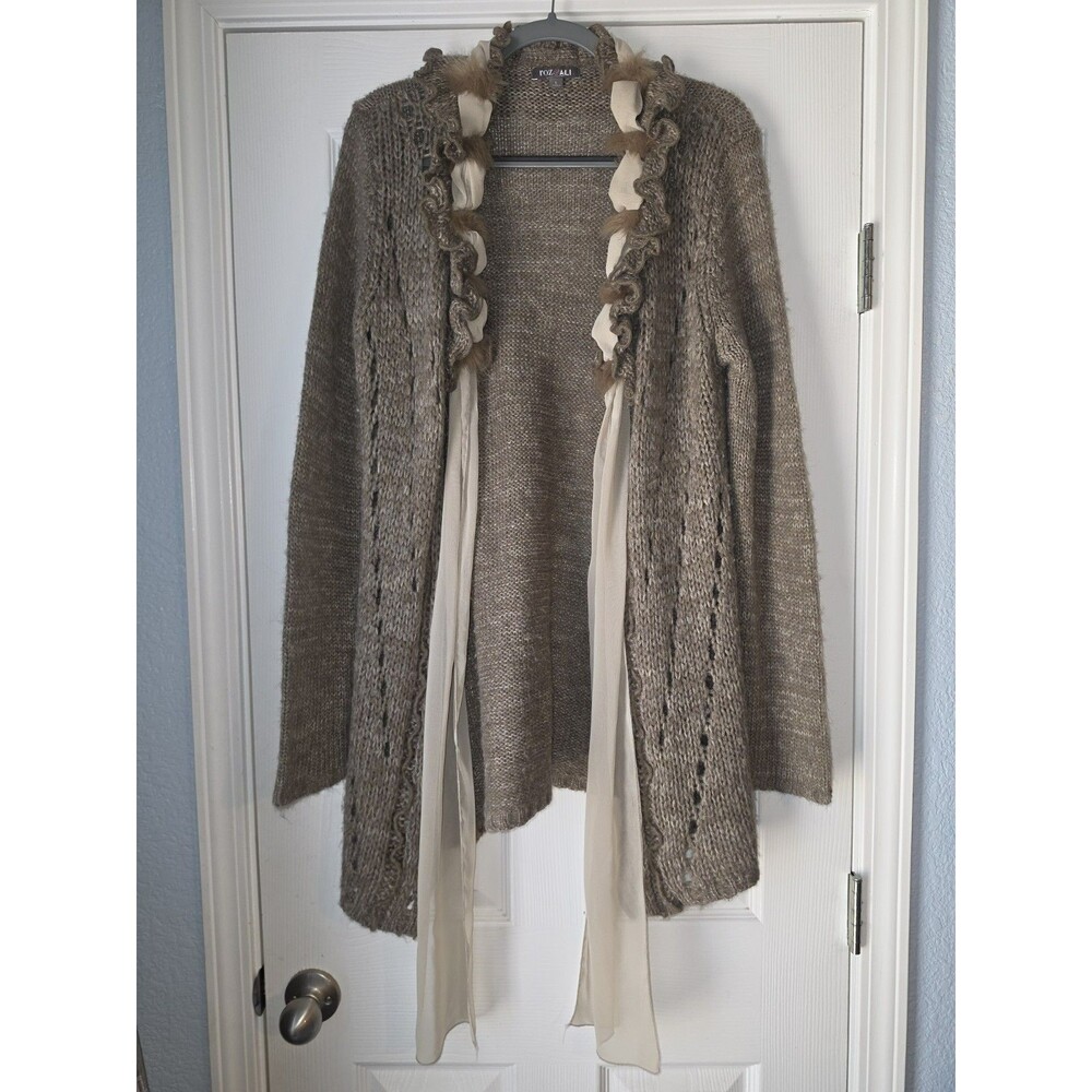 Roz & Ali Long Cardigan L Wool Blend Faux Fur Crochet Knit Viking Nordic Open